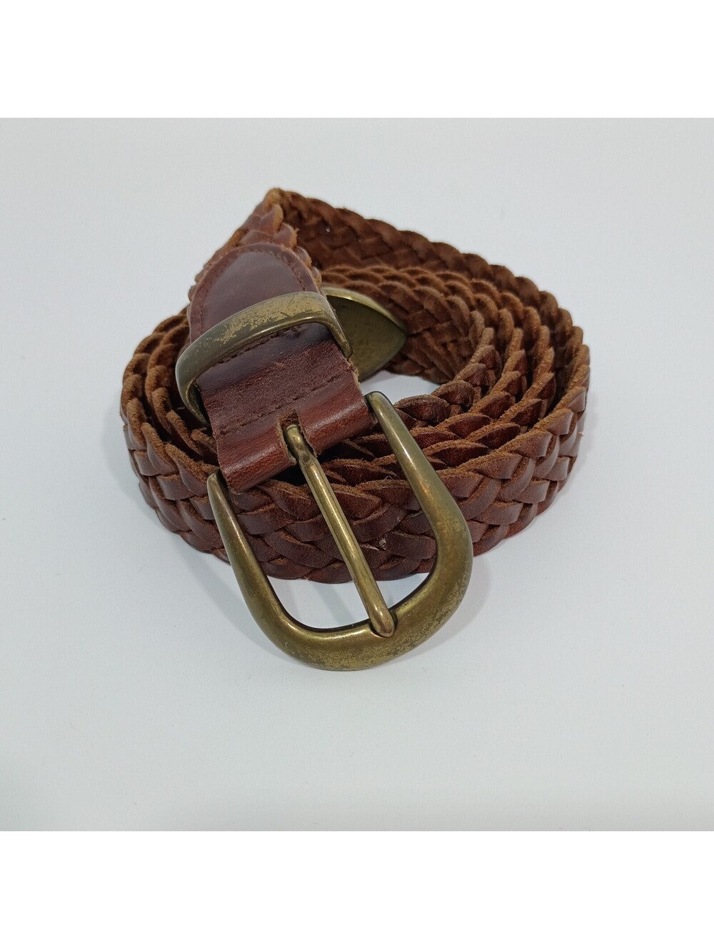 Vintage 90's Merona Brown Woven Braided Leather Stitched Belt L Highly Adjustabe